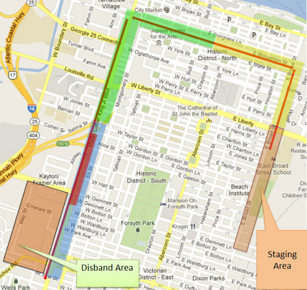 MLK parade route, map road closures Savannah 